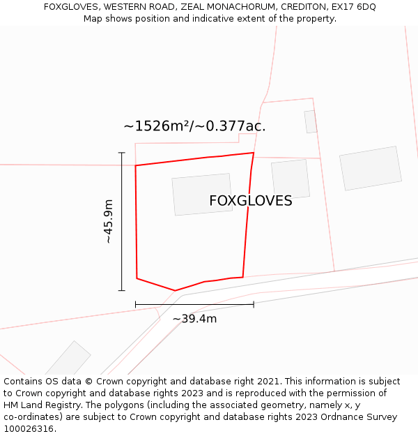 FOXGLOVES, WESTERN ROAD, ZEAL MONACHORUM, CREDITON, EX17 6DQ: Plot and title map