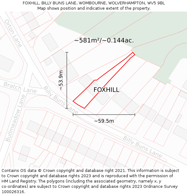 FOXHILL, BILLY BUNS LANE, WOMBOURNE, WOLVERHAMPTON, WV5 9BL: Plot and title map