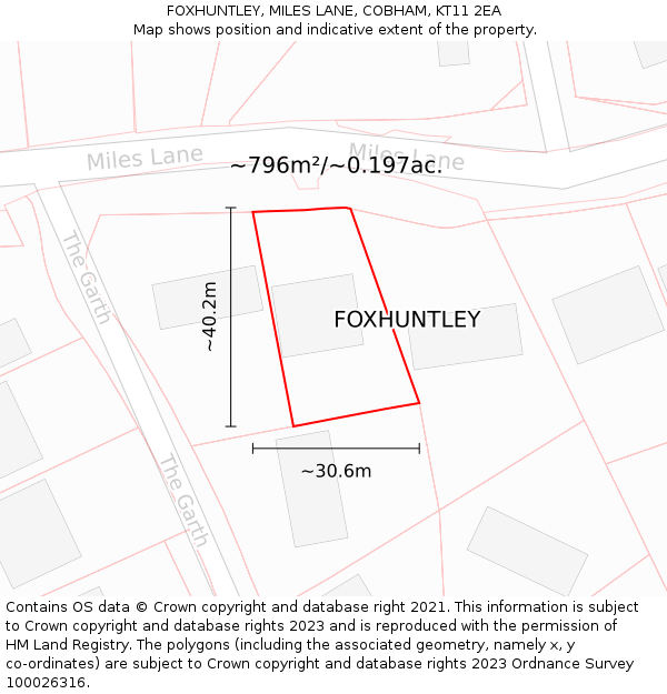 FOXHUNTLEY, MILES LANE, COBHAM, KT11 2EA: Plot and title map