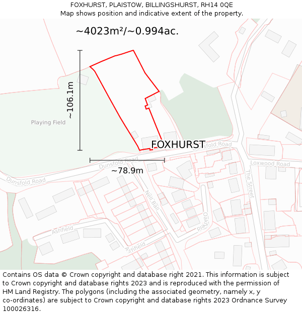 FOXHURST, PLAISTOW, BILLINGSHURST, RH14 0QE: Plot and title map