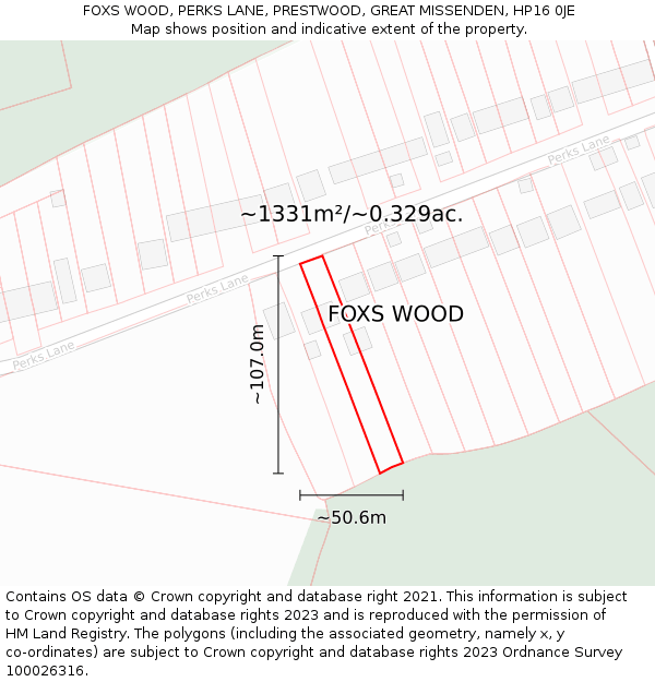 FOXS WOOD, PERKS LANE, PRESTWOOD, GREAT MISSENDEN, HP16 0JE: Plot and title map