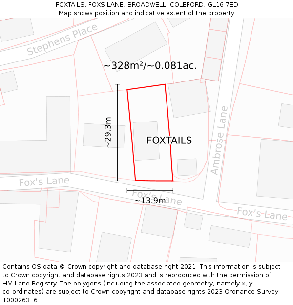 FOXTAILS, FOXS LANE, BROADWELL, COLEFORD, GL16 7ED: Plot and title map