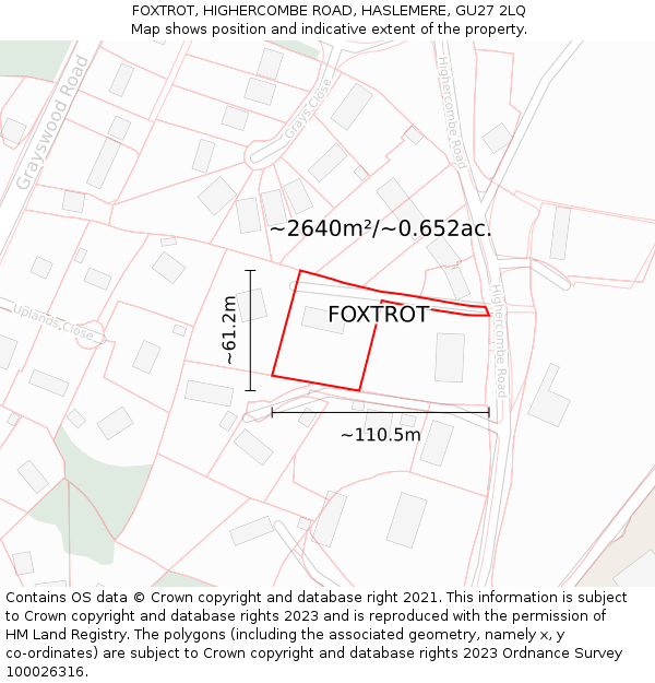 FOXTROT, HIGHERCOMBE ROAD, HASLEMERE, GU27 2LQ: Plot and title map