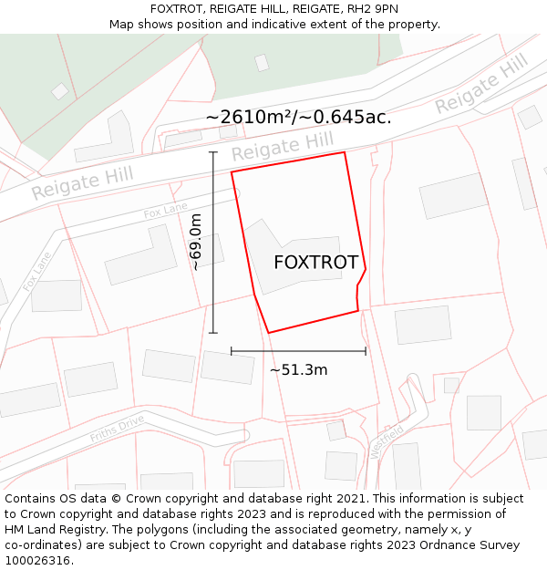 FOXTROT, REIGATE HILL, REIGATE, RH2 9PN: Plot and title map