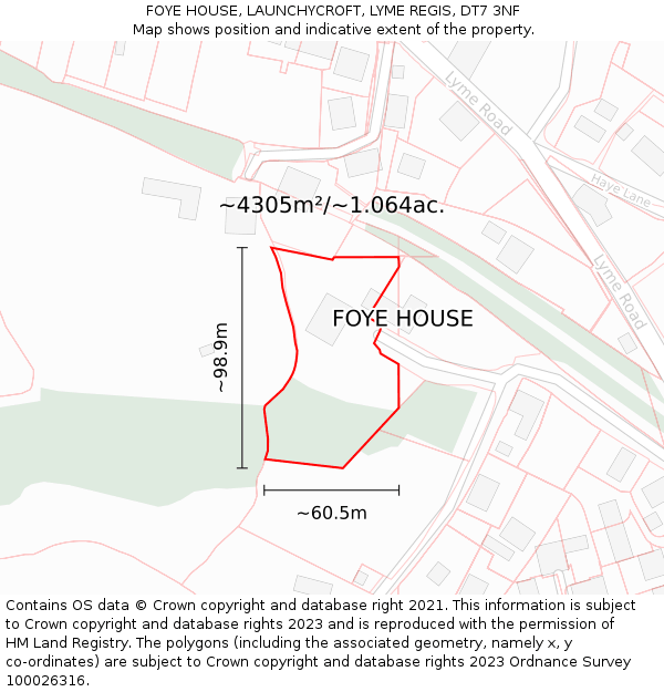 FOYE HOUSE, LAUNCHYCROFT, LYME REGIS, DT7 3NF: Plot and title map