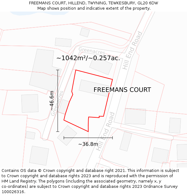 FREEMANS COURT, HILLEND, TWYNING, TEWKESBURY, GL20 6DW: Plot and title map