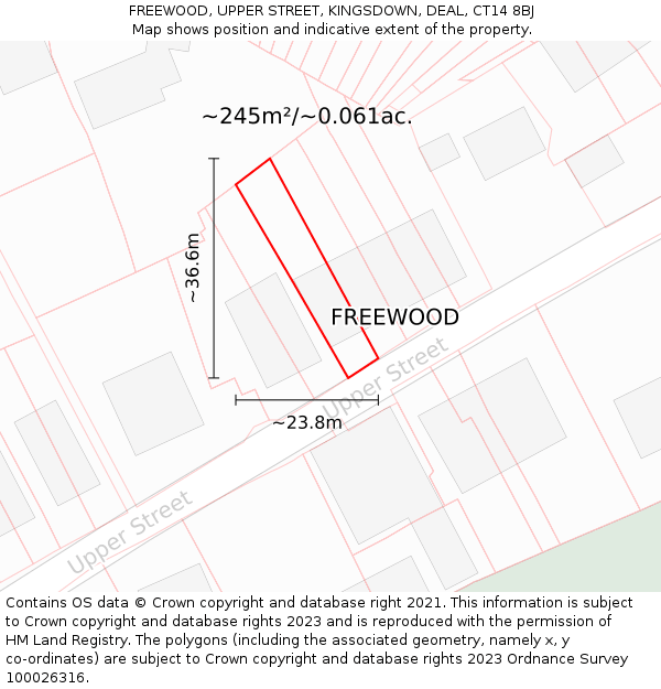FREEWOOD, UPPER STREET, KINGSDOWN, DEAL, CT14 8BJ: Plot and title map