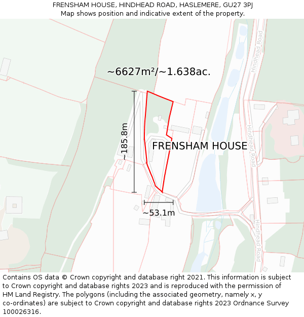 FRENSHAM HOUSE, HINDHEAD ROAD, HASLEMERE, GU27 3PJ: Plot and title map