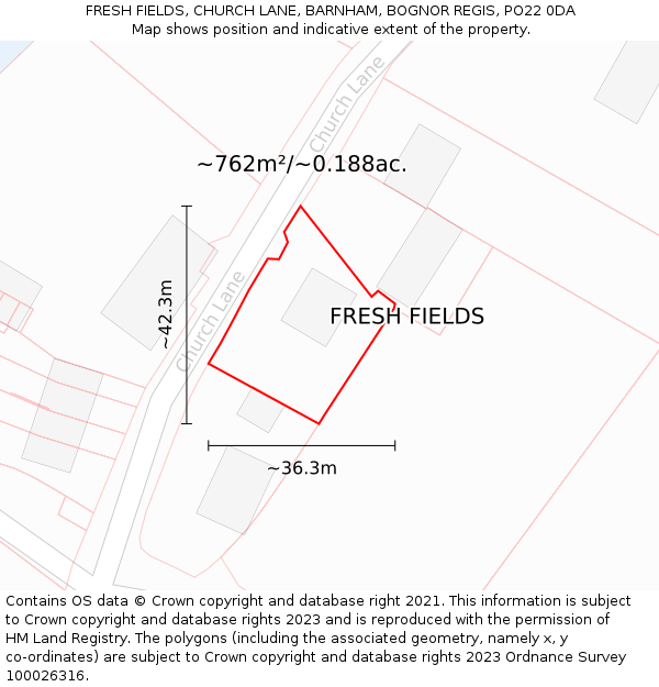 FRESH FIELDS, CHURCH LANE, BARNHAM, BOGNOR REGIS, PO22 0DA: Plot and title map