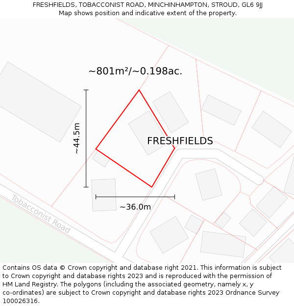 FRESHFIELDS, TOBACCONIST ROAD, MINCHINHAMPTON, STROUD, GL6 9JJ: Plot and title map