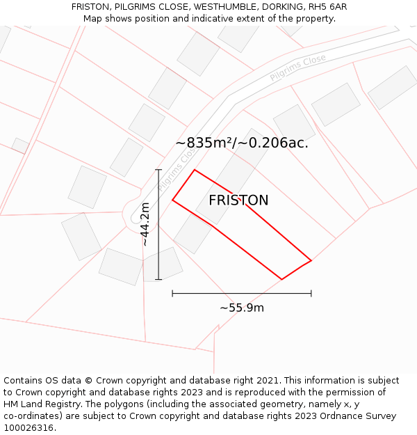 FRISTON, PILGRIMS CLOSE, WESTHUMBLE, DORKING, RH5 6AR: Plot and title map