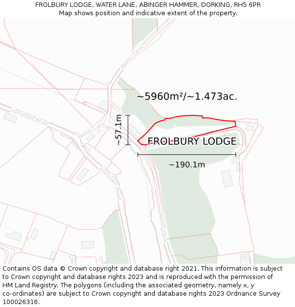 FROLBURY LODGE, WATER LANE, ABINGER HAMMER, DORKING, RH5 6PR: Plot and title map