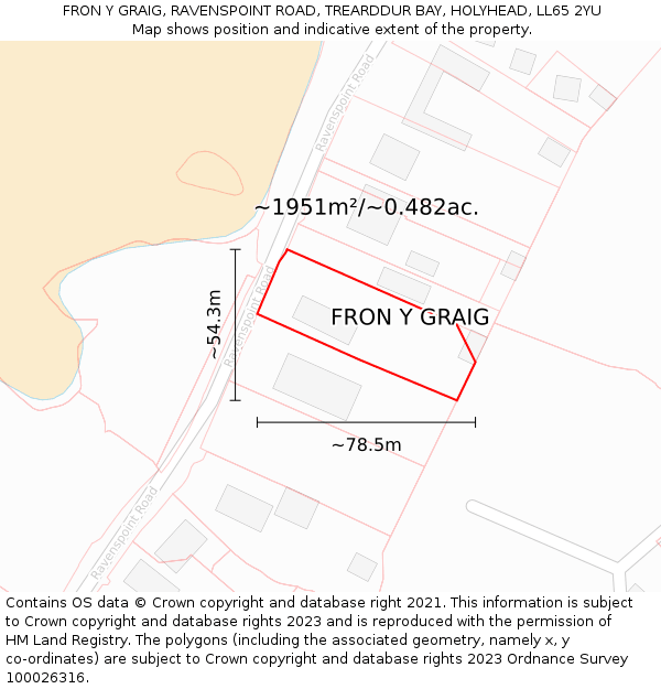 FRON Y GRAIG, RAVENSPOINT ROAD, TREARDDUR BAY, HOLYHEAD, LL65 2YU: Plot and title map