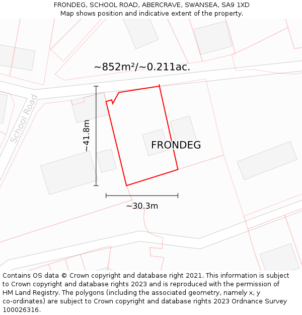 FRONDEG, SCHOOL ROAD, ABERCRAVE, SWANSEA, SA9 1XD: Plot and title map