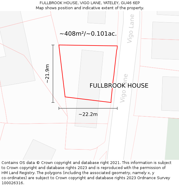 FULLBROOK HOUSE, VIGO LANE, YATELEY, GU46 6EP: Plot and title map