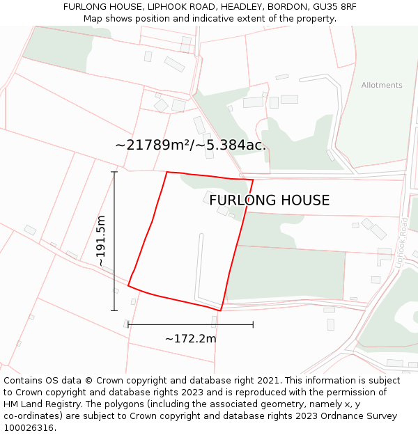 FURLONG HOUSE, LIPHOOK ROAD, HEADLEY, BORDON, GU35 8RF: Plot and title map