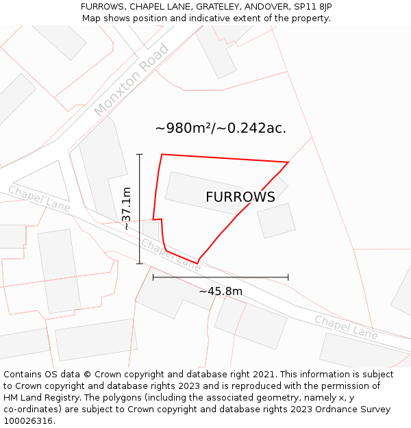 FURROWS, CHAPEL LANE, GRATELEY, ANDOVER, SP11 8JP: Plot and title map