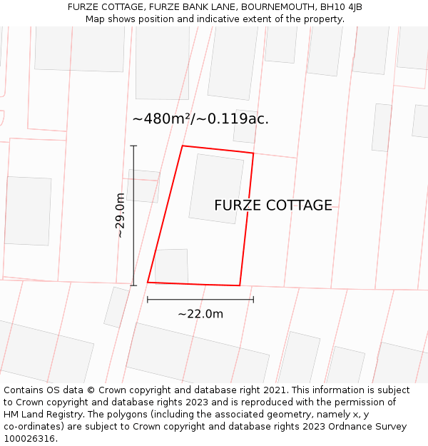 FURZE COTTAGE, FURZE BANK LANE, BOURNEMOUTH, BH10 4JB: Plot and title map