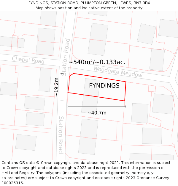 FYNDINGS, STATION ROAD, PLUMPTON GREEN, LEWES, BN7 3BX: Plot and title map