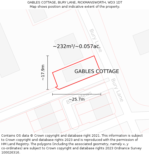 GABLES COTTAGE, BURY LANE, RICKMANSWORTH, WD3 1DT: Plot and title map