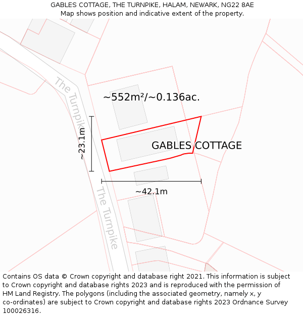 GABLES COTTAGE, THE TURNPIKE, HALAM, NEWARK, NG22 8AE: Plot and title map