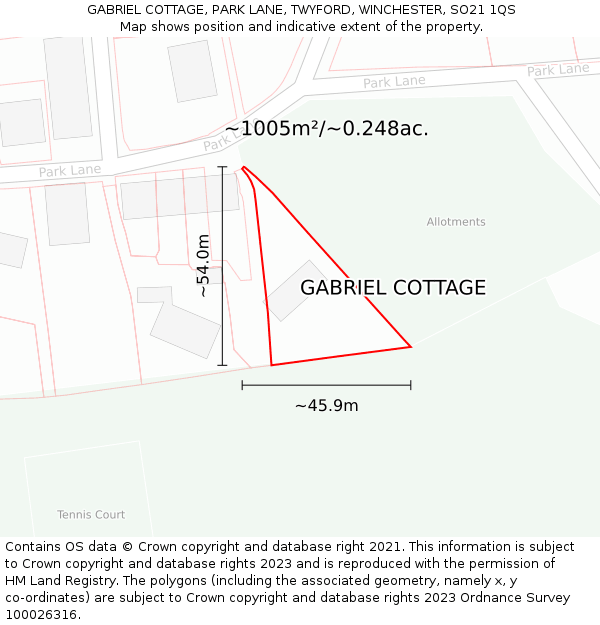 GABRIEL COTTAGE, PARK LANE, TWYFORD, WINCHESTER, SO21 1QS: Plot and title map