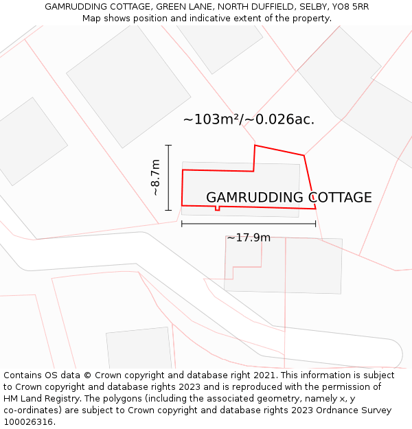 GAMRUDDING COTTAGE, GREEN LANE, NORTH DUFFIELD, SELBY, YO8 5RR: Plot and title map