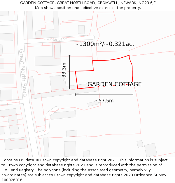 GARDEN COTTAGE, GREAT NORTH ROAD, CROMWELL, NEWARK, NG23 6JE: Plot and title map