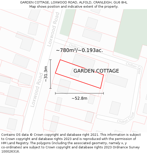 GARDEN COTTAGE, LOXWOOD ROAD, ALFOLD, CRANLEIGH, GU6 8HL: Plot and title map