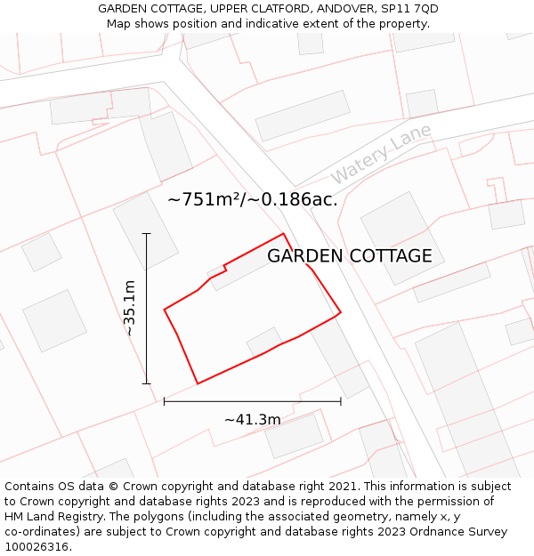 GARDEN COTTAGE, UPPER CLATFORD, ANDOVER, SP11 7QD: Plot and title map