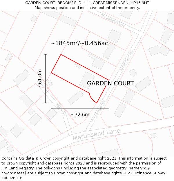 GARDEN COURT, BROOMFIELD HILL, GREAT MISSENDEN, HP16 9HT: Plot and title map