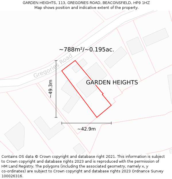 GARDEN HEIGHTS, 113, GREGORIES ROAD, BEACONSFIELD, HP9 1HZ: Plot and title map