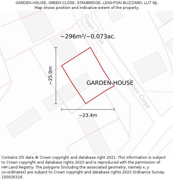 GARDEN HOUSE, GREEN CLOSE, STANBRIDGE, LEIGHTON BUZZARD, LU7 9JL: Plot and title map