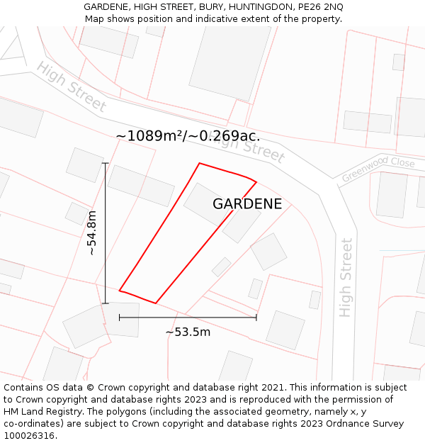 GARDENE, HIGH STREET, BURY, HUNTINGDON, PE26 2NQ: Plot and title map