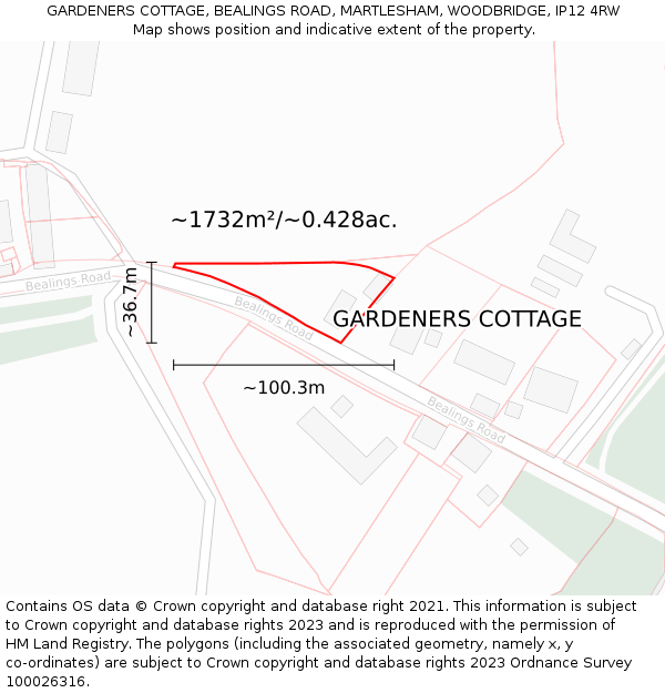 GARDENERS COTTAGE, BEALINGS ROAD, MARTLESHAM, WOODBRIDGE, IP12 4RW: Plot and title map