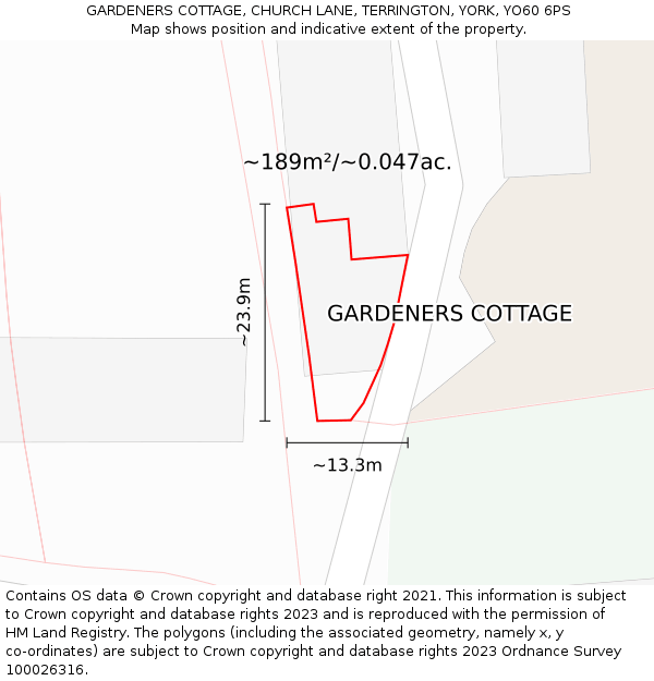 GARDENERS COTTAGE, CHURCH LANE, TERRINGTON, YORK, YO60 6PS: Plot and title map