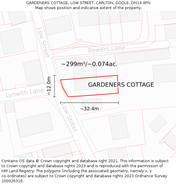 GARDENERS COTTAGE, LOW STREET, CARLTON, GOOLE, DN14 9PN: Plot and title map