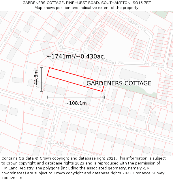 GARDENERS COTTAGE, PINEHURST ROAD, SOUTHAMPTON, SO16 7FZ: Plot and title map