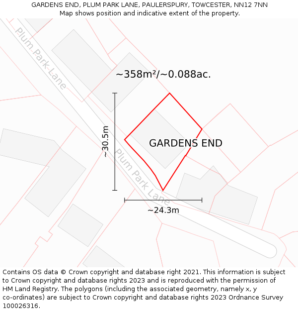 GARDENS END, PLUM PARK LANE, PAULERSPURY, TOWCESTER, NN12 7NN: Plot and title map