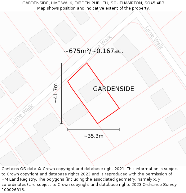 GARDENSIDE, LIME WALK, DIBDEN PURLIEU, SOUTHAMPTON, SO45 4RB: Plot and title map