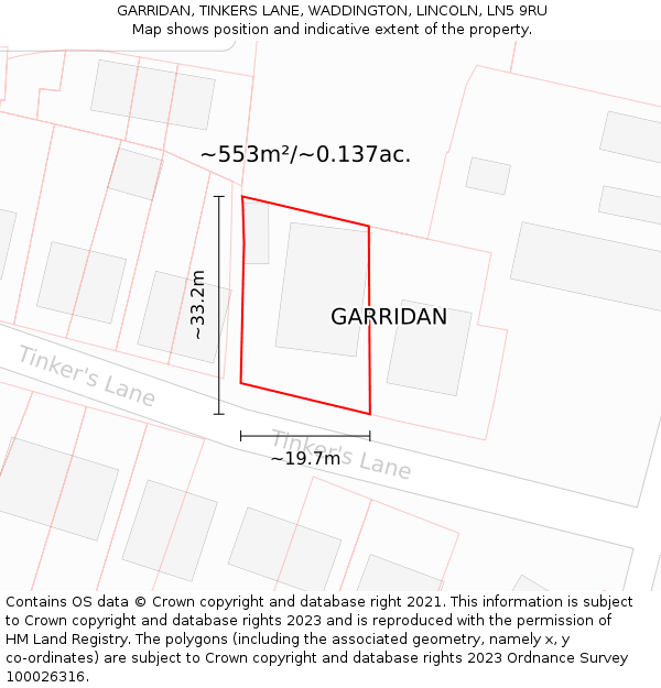 GARRIDAN, TINKERS LANE, WADDINGTON, LINCOLN, LN5 9RU: Plot and title map