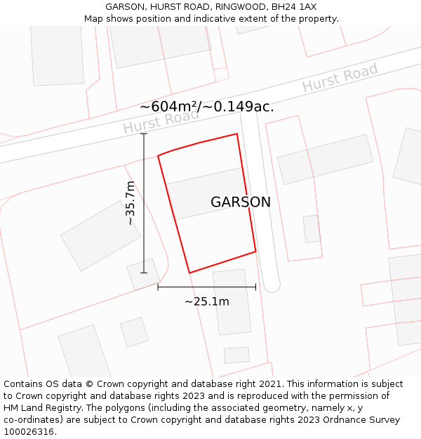 GARSON, HURST ROAD, RINGWOOD, BH24 1AX: Plot and title map