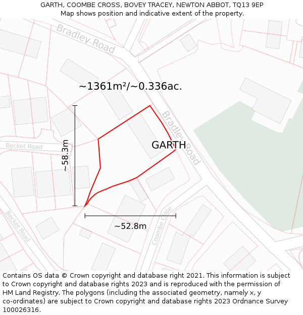 GARTH, COOMBE CROSS, BOVEY TRACEY, NEWTON ABBOT, TQ13 9EP: Plot and title map