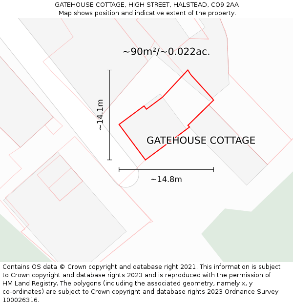 GATEHOUSE COTTAGE, HIGH STREET, HALSTEAD, CO9 2AA: Plot and title map