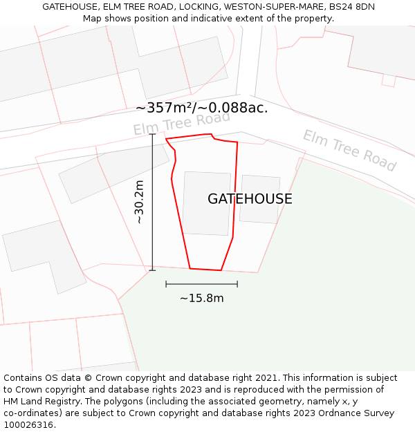 GATEHOUSE, ELM TREE ROAD, LOCKING, WESTON-SUPER-MARE, BS24 8DN: Plot and title map