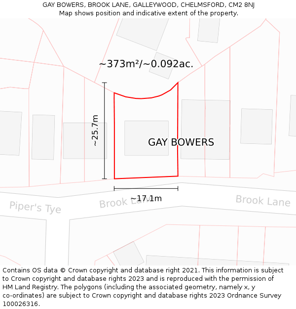 GAY BOWERS, BROOK LANE, GALLEYWOOD, CHELMSFORD, CM2 8NJ: Plot and title map