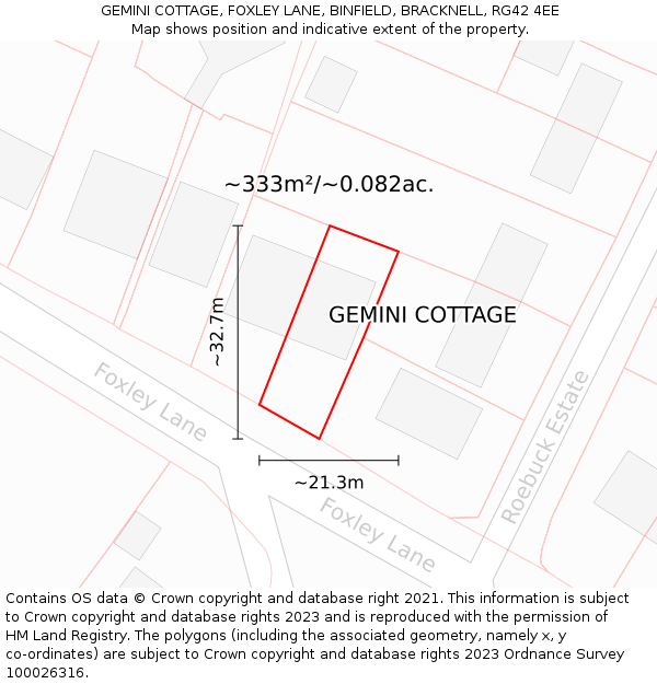 GEMINI COTTAGE, FOXLEY LANE, BINFIELD, BRACKNELL, RG42 4EE: Plot and title map