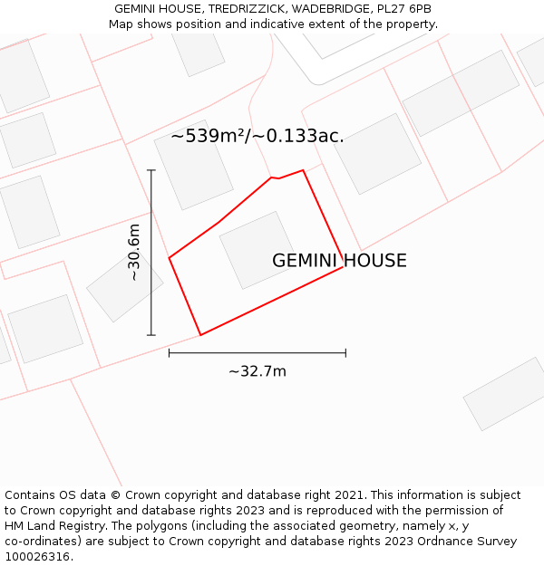 GEMINI HOUSE, TREDRIZZICK, WADEBRIDGE, PL27 6PB: Plot and title map