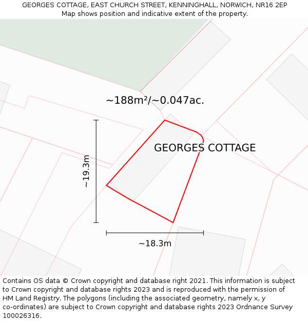 GEORGES COTTAGE, EAST CHURCH STREET, KENNINGHALL, NORWICH, NR16 2EP: Plot and title map