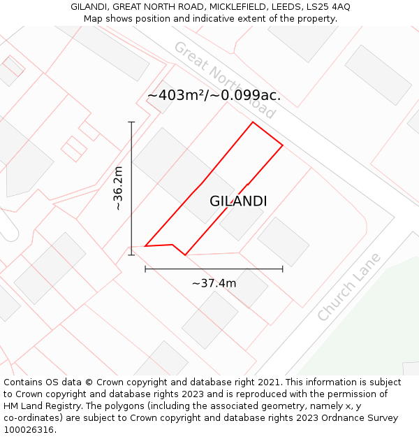 GILANDI, GREAT NORTH ROAD, MICKLEFIELD, LEEDS, LS25 4AQ: Plot and title map